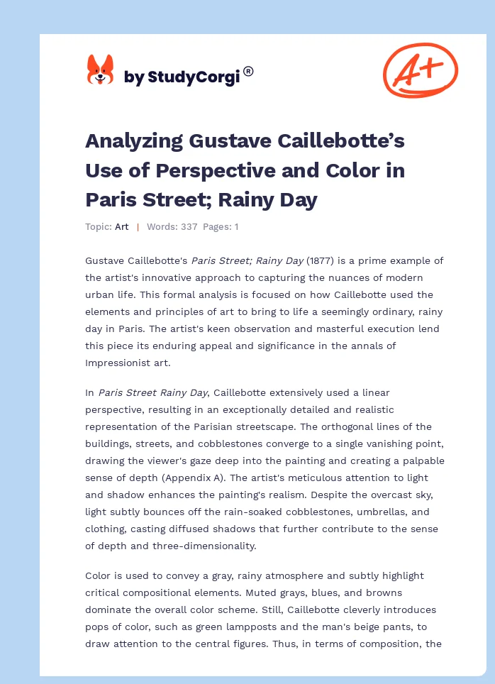 Analyzing Gustave Caillebotte’s Use of Perspective and Color in Paris Street; Rainy Day. Page 1