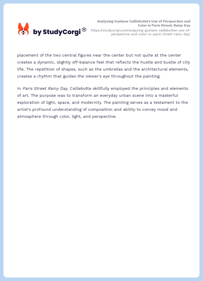 Analyzing Gustave Caillebotte’s Use of Perspective and Color in Paris Street; Rainy Day. Page 2