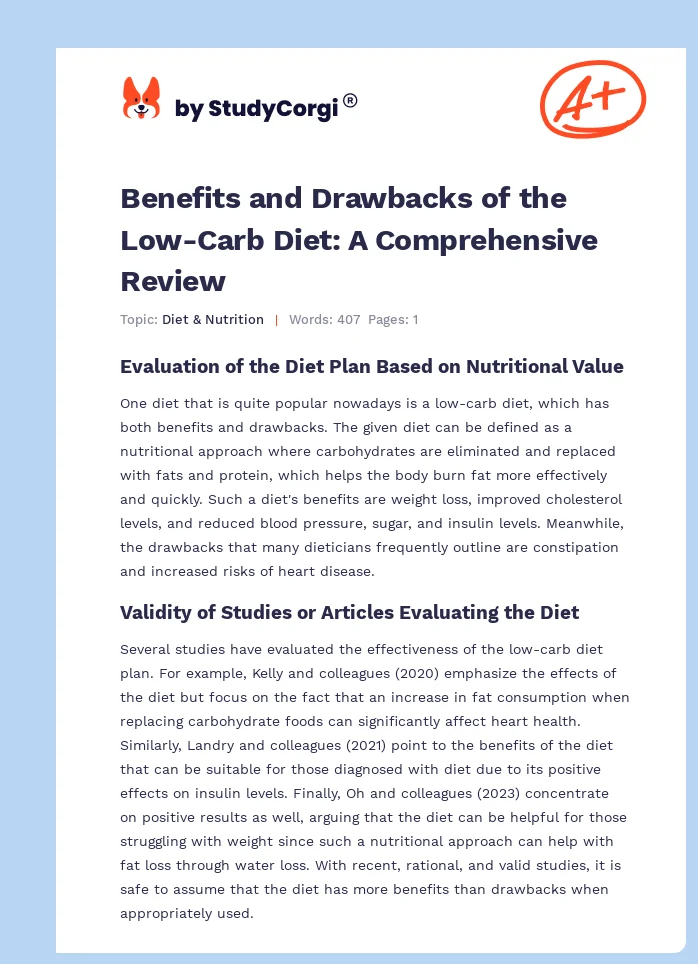 Benefits and Drawbacks of the Low-Carb Diet: A Comprehensive Review. Page 1