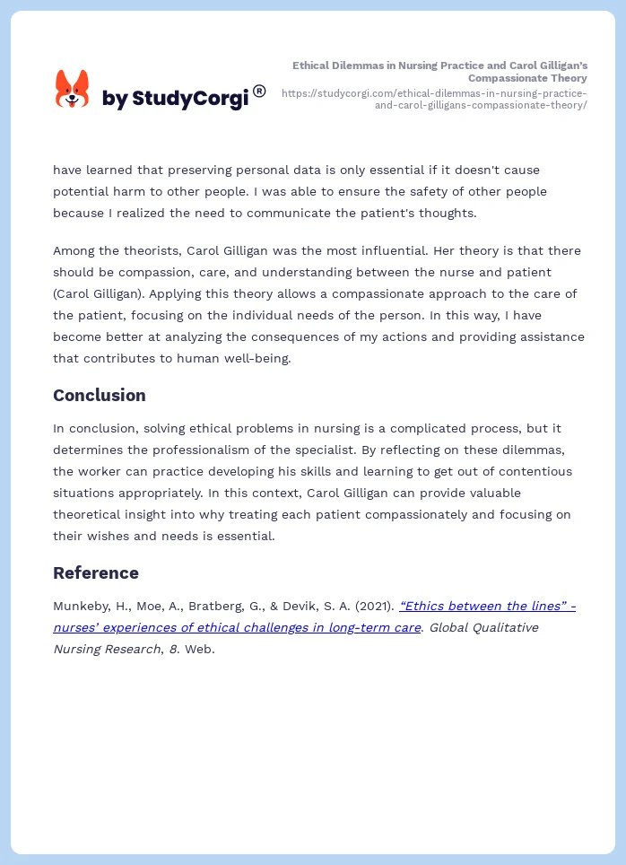 Ethical Dilemmas in Nursing Practice and Carol Gilligan’s Compassionate Theory. Page 2