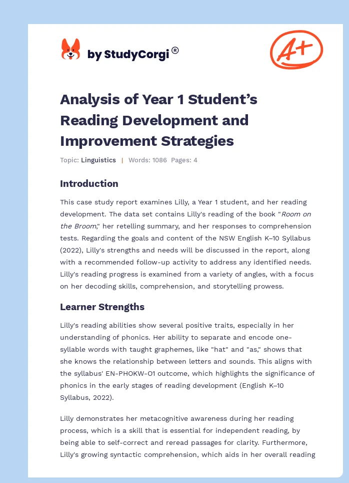 Analysis of Year 1 Student’s Reading Development and Improvement Strategies. Page 1