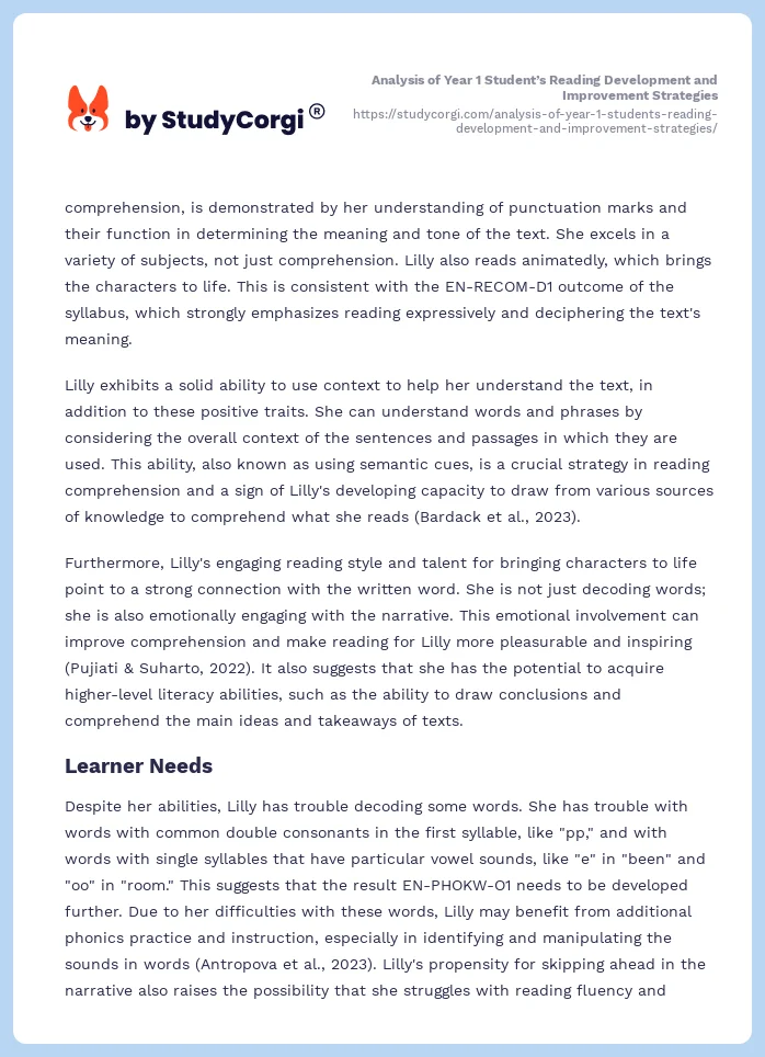 Analysis of Year 1 Student’s Reading Development and Improvement Strategies. Page 2