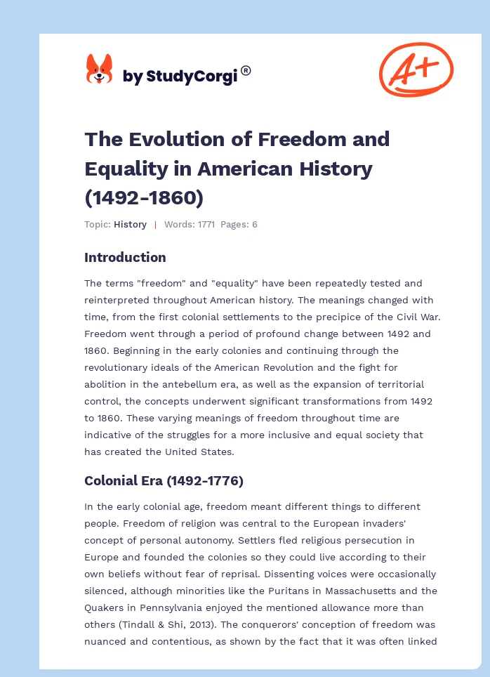 The Evolution of Freedom and Equality in American History (1492-1860). Page 1