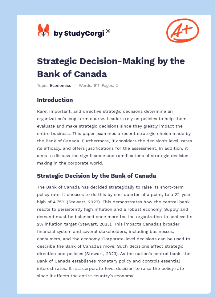 Strategic Decision-Making by the Bank of Canada. Page 1