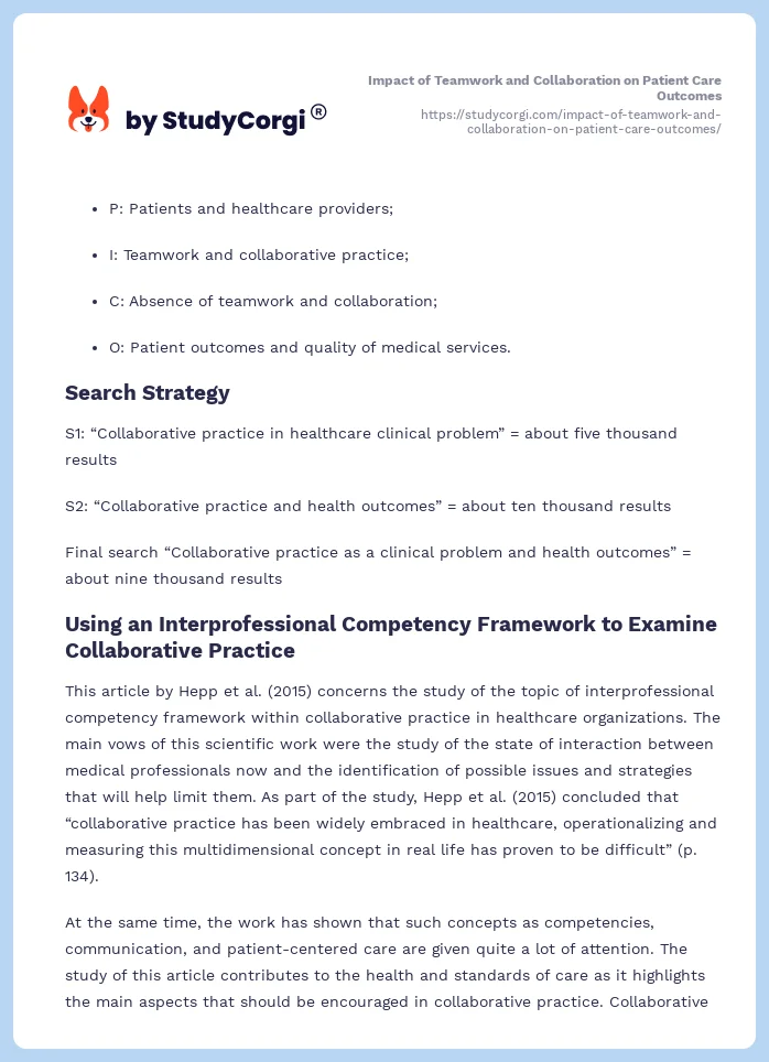 Impact of Teamwork and Collaboration on Patient Care Outcomes. Page 2