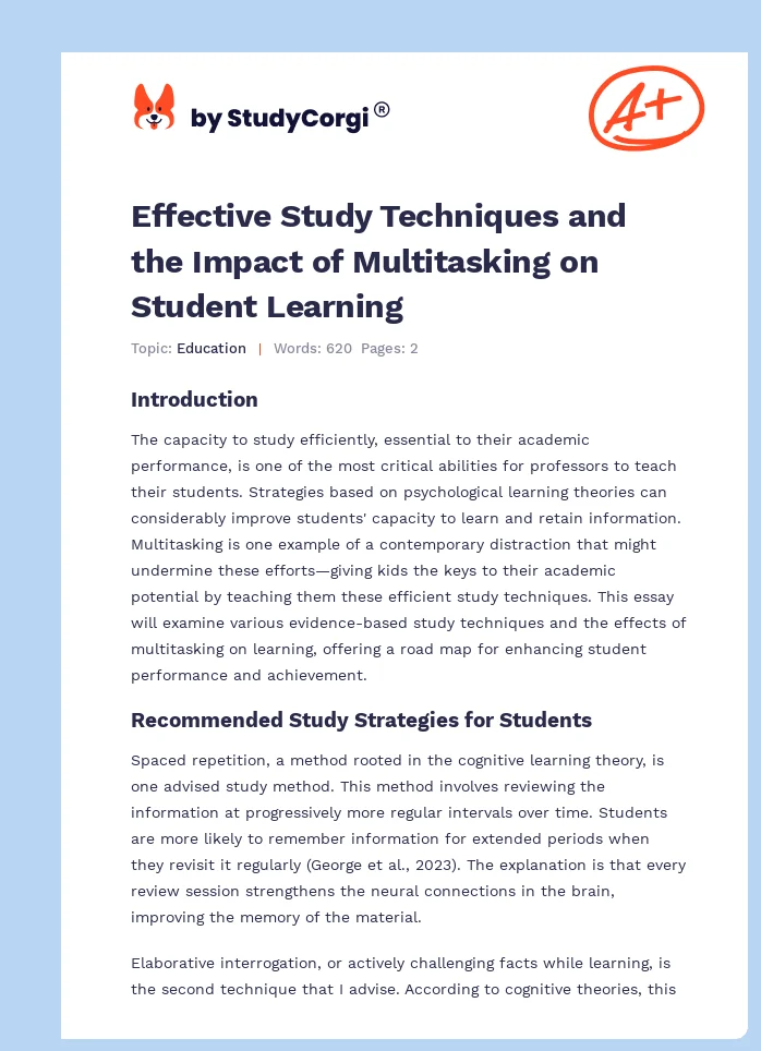 Effective Study Techniques and the Impact of Multitasking on Student Learning. Page 1