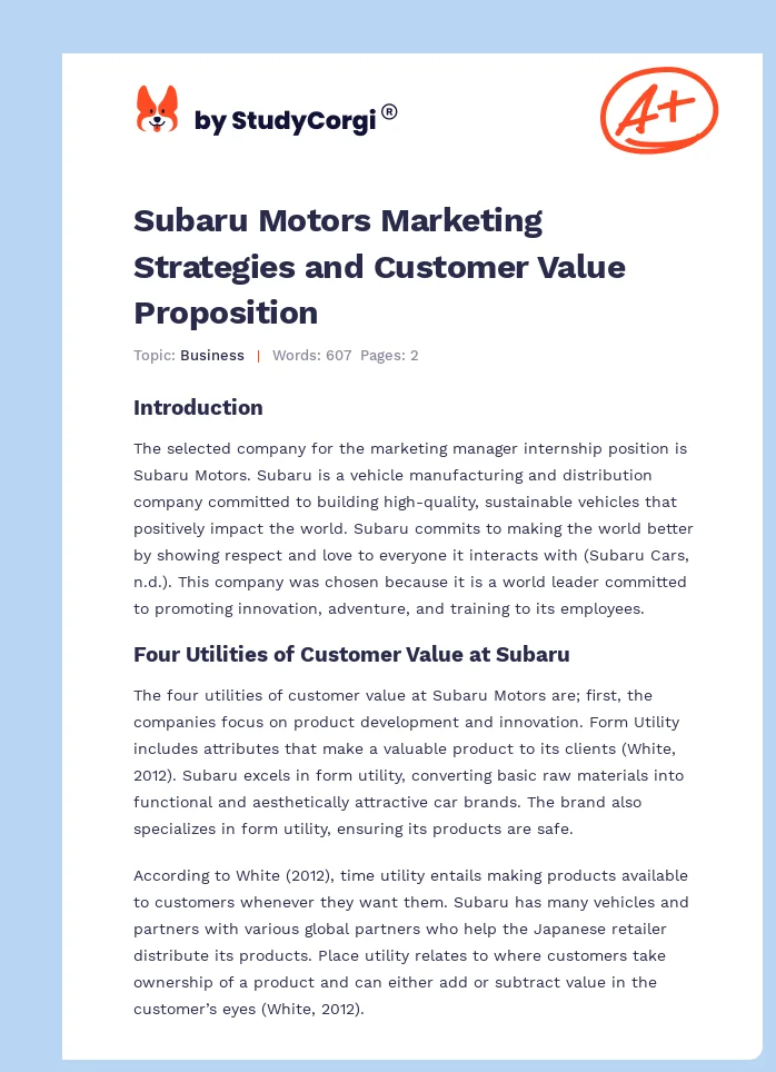 Subaru Motors Marketing Strategies and Customer Value Proposition. Page 1