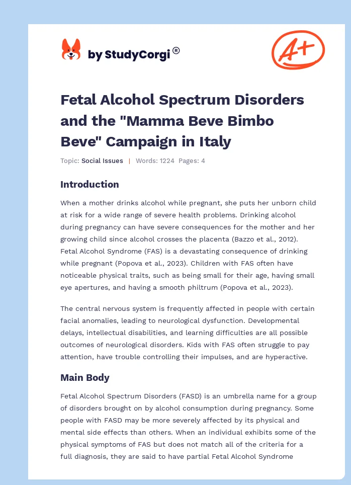 Fetal Alcohol Spectrum Disorders and the "Mamma Beve Bimbo Beve" Campaign in Italy. Page 1