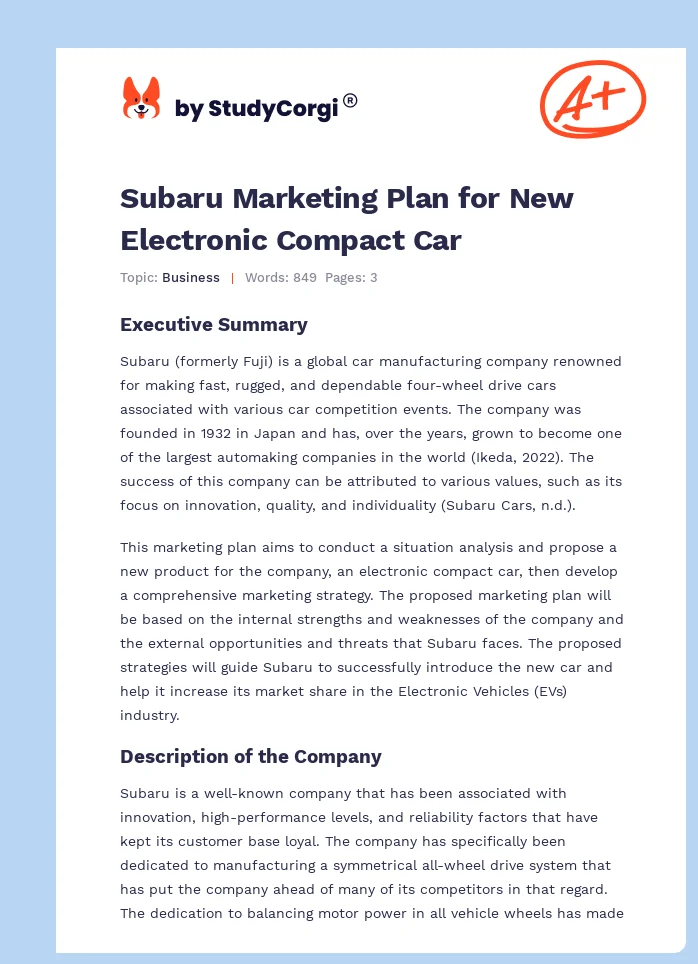 Subaru Marketing Plan for New Electronic Compact Car. Page 1