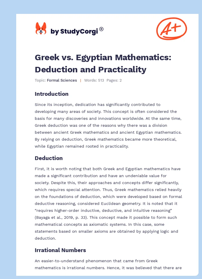 Greek vs. Egyptian Mathematics: Deduction and Practicality. Page 1