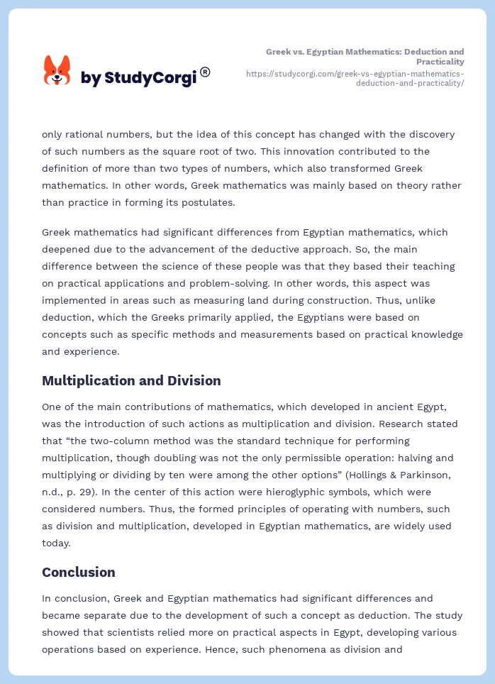 Greek vs. Egyptian Mathematics: Deduction and Practicality. Page 2