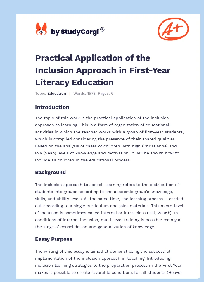 Practical Application of the Inclusion Approach in First-Year Literacy Education. Page 1