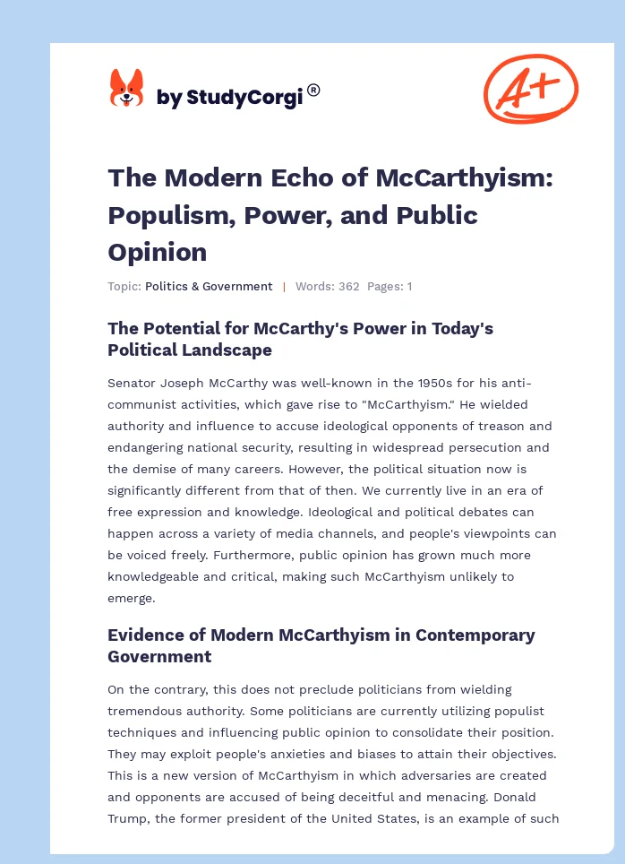 The Modern Echo of McCarthyism: Populism, Power, and Public Opinion. Page 1