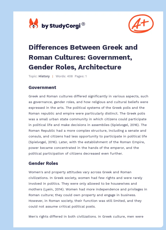 Differences Between Greek and Roman Cultures: Government, Gender Roles, Architecture. Page 1