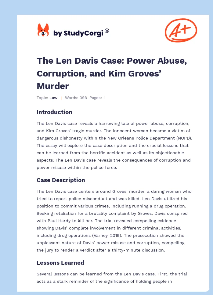 The Len Davis Case: Power Abuse, Corruption, and Kim Groves’ Murder. Page 1