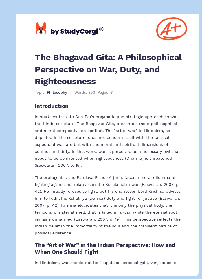 The Bhagavad Gita: A Philosophical Perspective on War, Duty, and Righteousness. Page 1