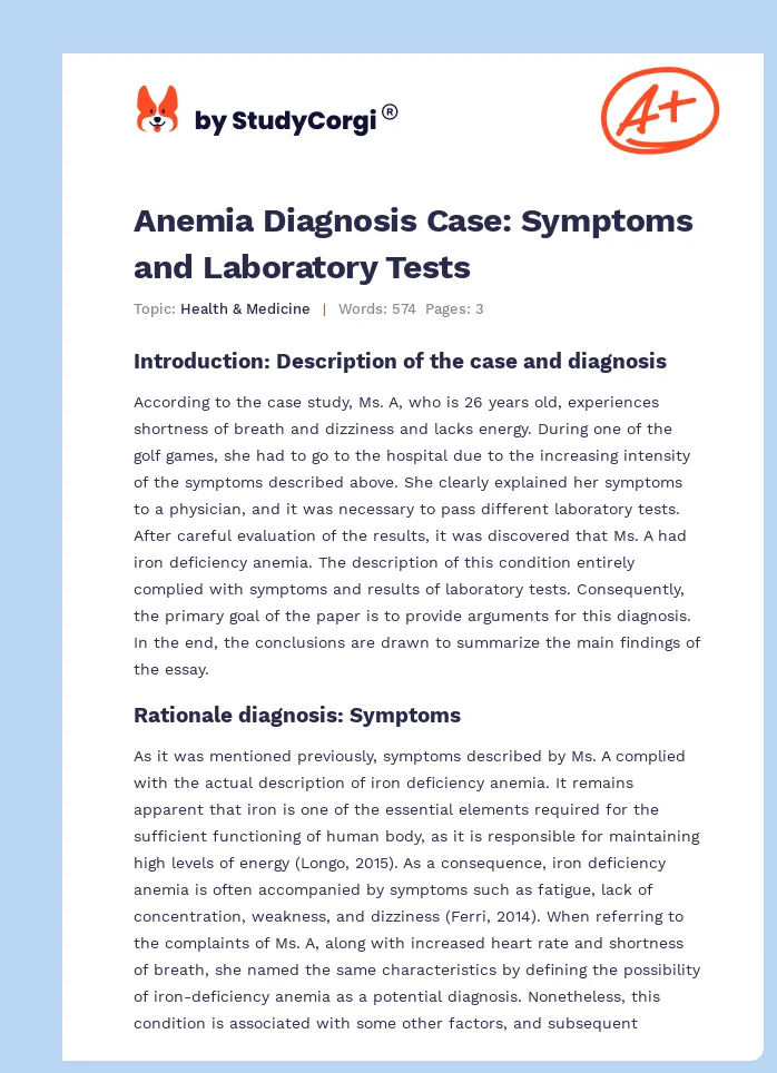 Anemia Diagnosis Case: Symptoms and Laboratory Tests. Page 1