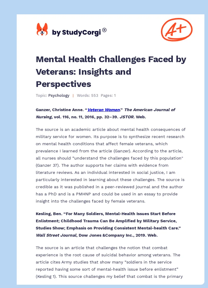 Mental Health Challenges Faced by Veterans: Insights and Perspectives. Page 1