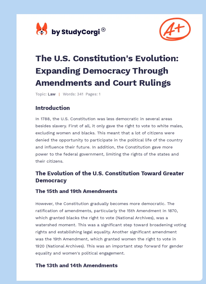 The U.S. Constitution's Evolution: Expanding Democracy Through Amendments and Court Rulings. Page 1