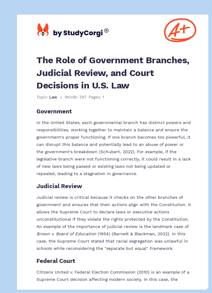 The Role of Government Branches, Judicial Review, and Court Decisions in U.S. Law. Page 1