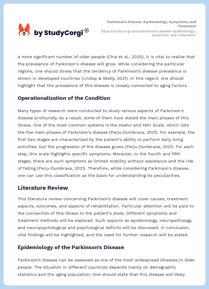 Parkinson’s Disease: Epidemiology, Symptoms, and Treatment. Page 2