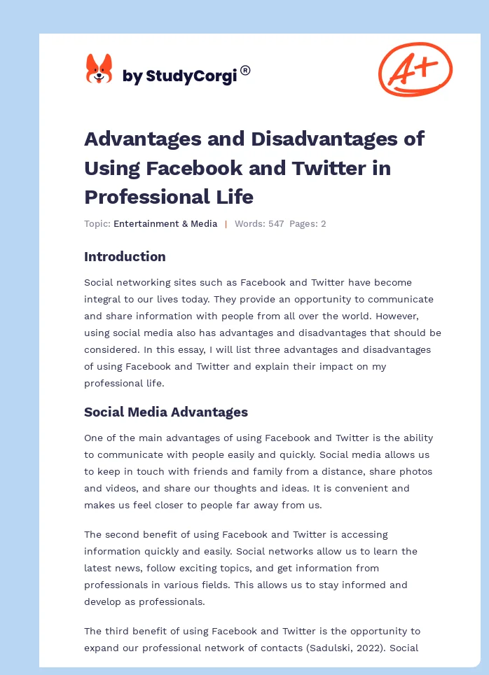 Advantages and Disadvantages of Using Facebook and Twitter in Professional Life. Page 1