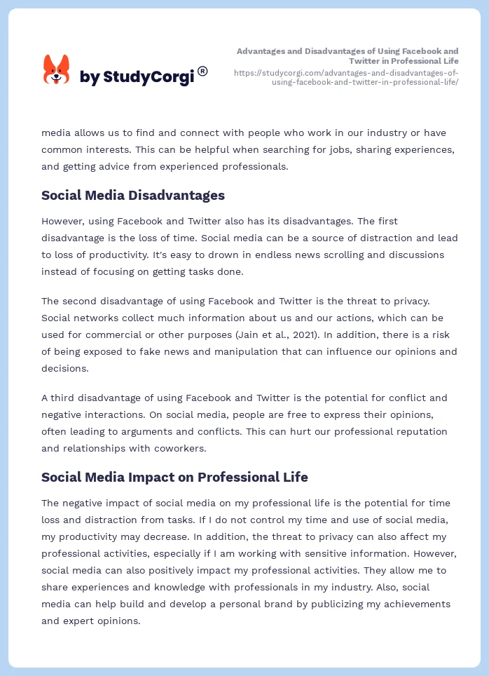 Advantages and Disadvantages of Using Facebook and Twitter in Professional Life. Page 2