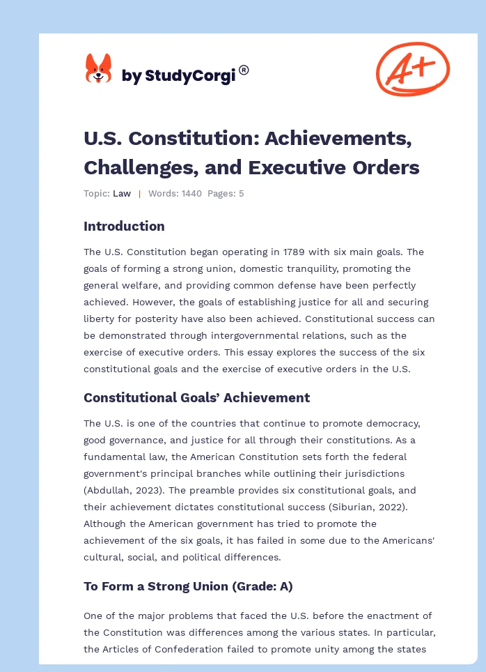 U.S. Constitution: Achievements, Challenges, and Executive Orders. Page 1