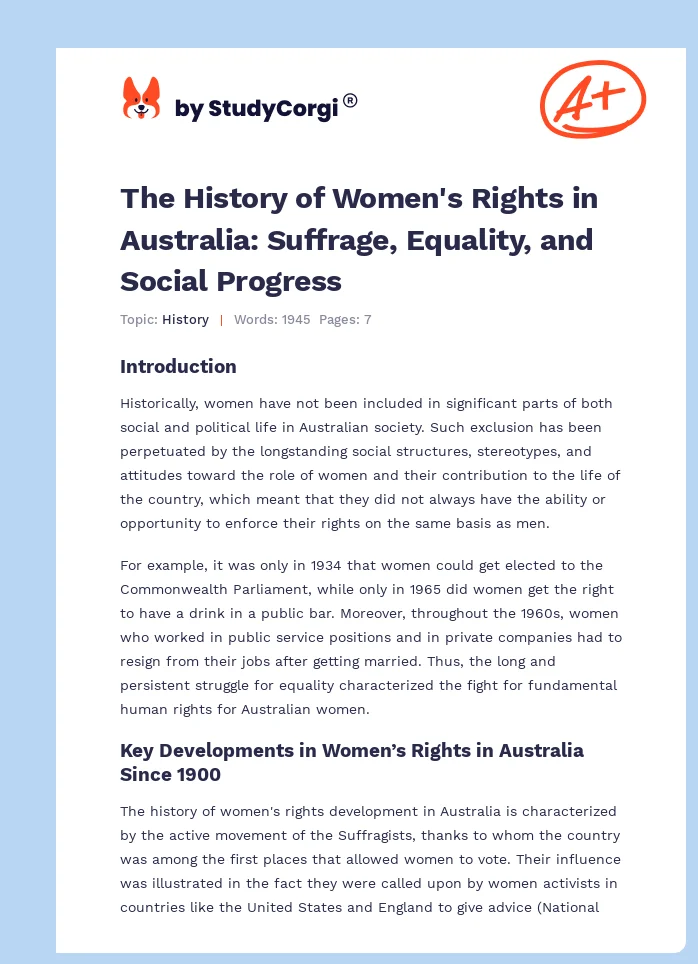 The History of Women's Rights in Australia: Suffrage, Equality, and Social Progress. Page 1