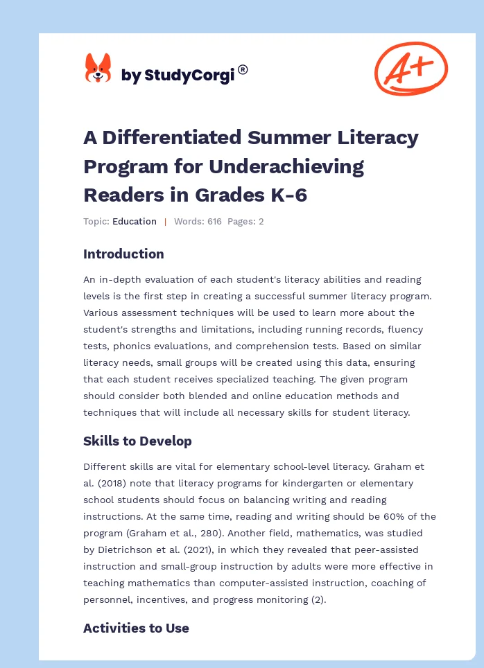 A Differentiated Summer Literacy Program for Underachieving Readers in Grades K-6. Page 1