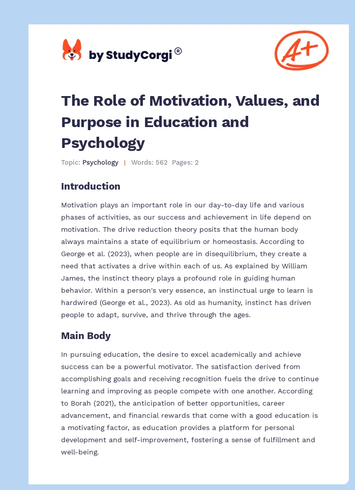 The Role of Motivation, Values, and Purpose in Education and Psychology. Page 1