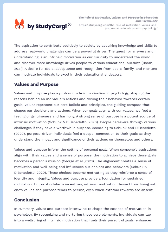 The Role of Motivation, Values, and Purpose in Education and Psychology. Page 2