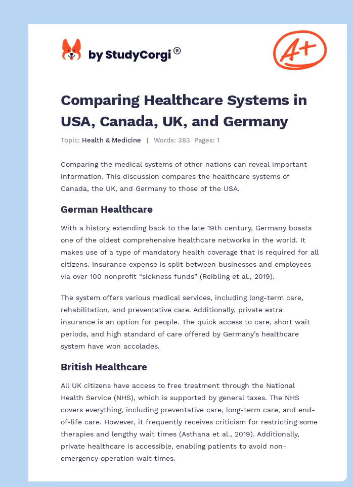 Comparing Healthcare Systems in USA, Canada, UK, and Germany. Page 1