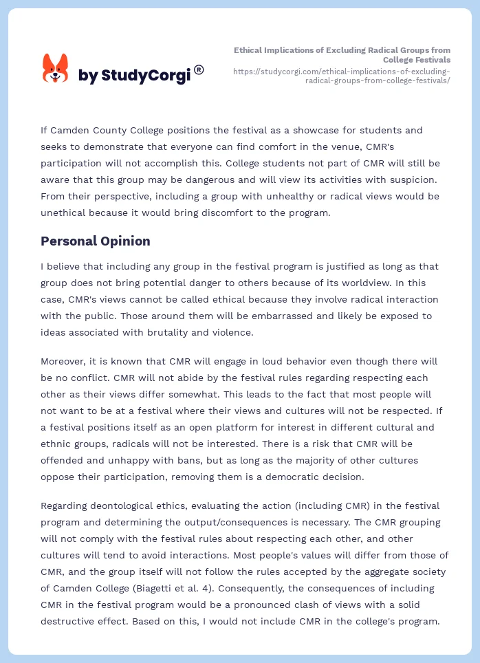 Ethical Implications of Excluding Radical Groups from College Festivals. Page 2