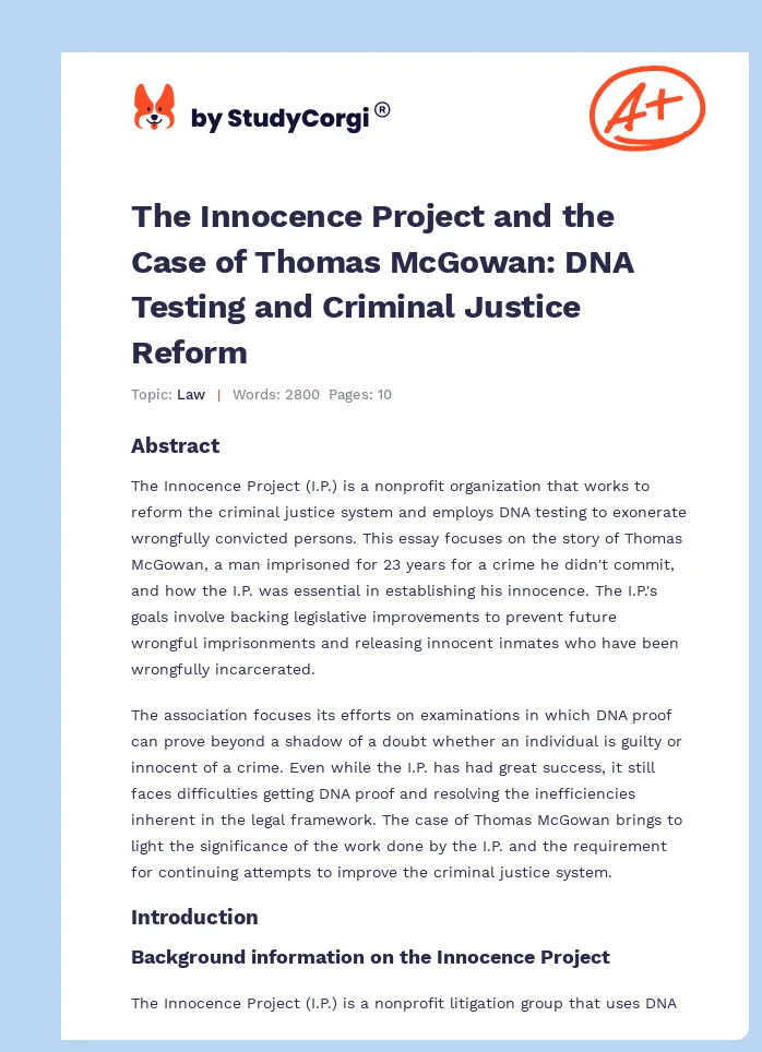 The Innocence Project and the Case of Thomas McGowan: DNA Testing and Criminal Justice Reform. Page 1