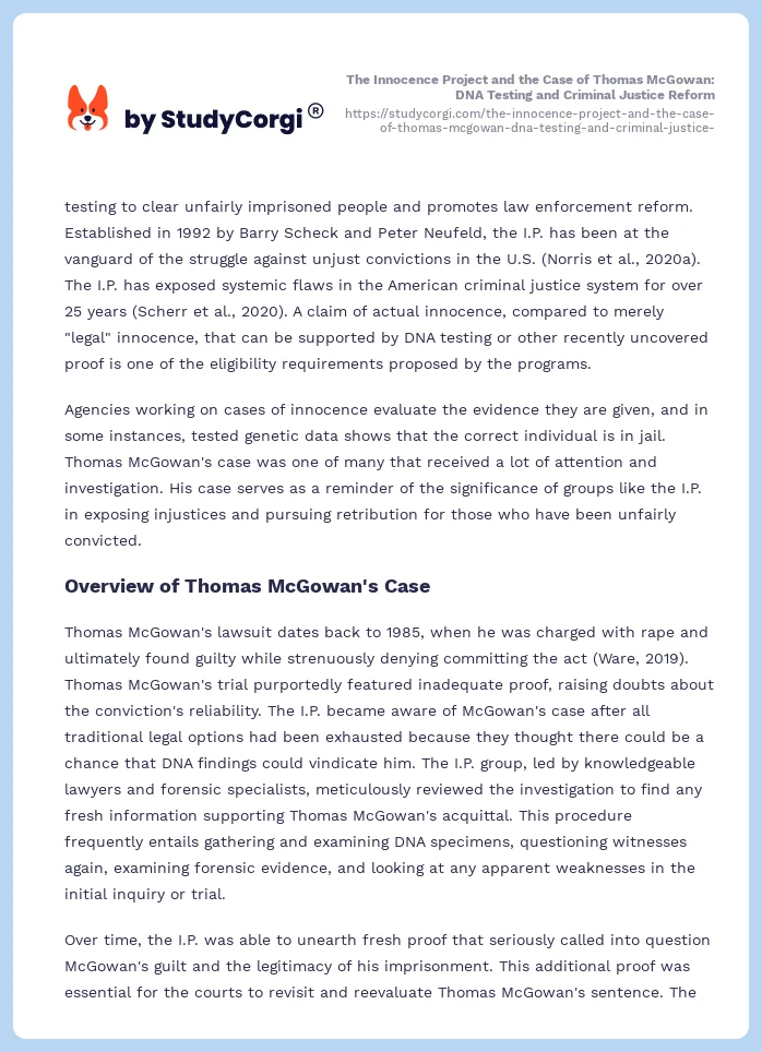 The Innocence Project and the Case of Thomas McGowan: DNA Testing and Criminal Justice Reform. Page 2