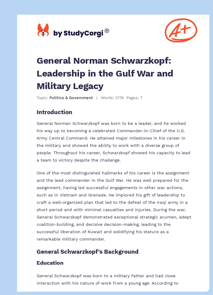 General Norman Schwarzkopf: Leadership in the Gulf War and Military Legacy. Page 1