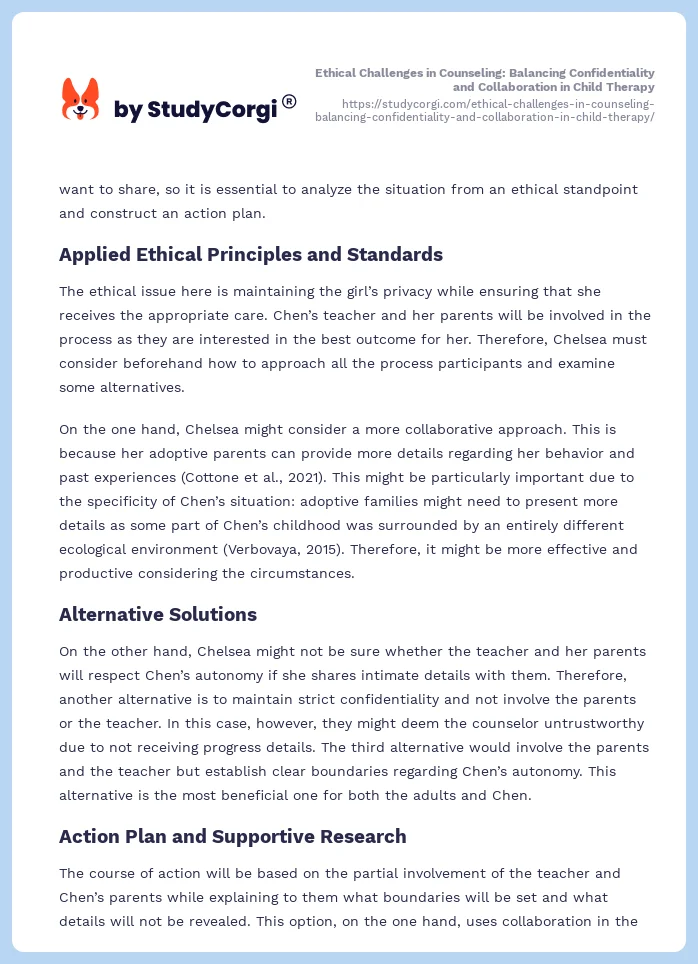 Ethical Challenges in Counseling: Balancing Confidentiality and Collaboration in Child Therapy. Page 2