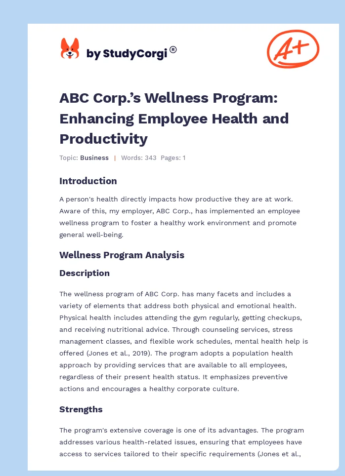 ABC Corp.’s Wellness Program: Enhancing Employee Health and Productivity. Page 1