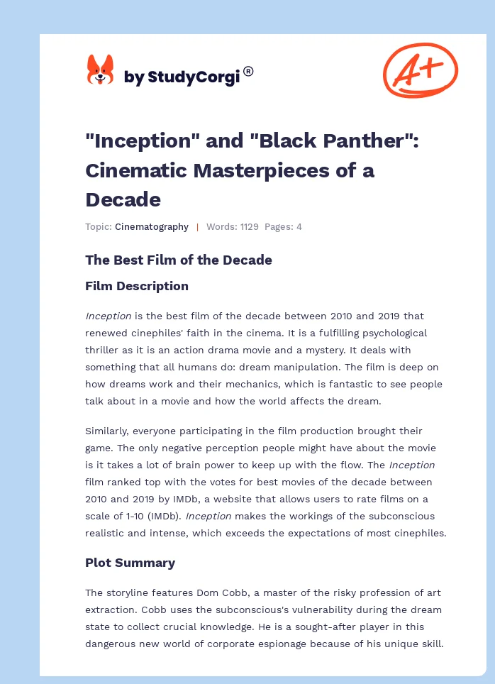 "Inception" and "Black Panther": Cinematic Masterpieces of a Decade. Page 1