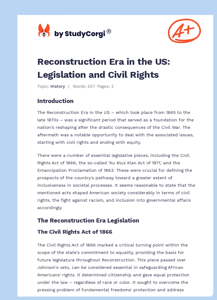 Reconstruction Era in the US: Legislation and Civil Rights. Page 1