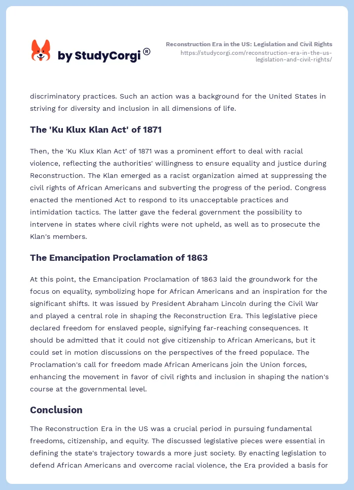 Reconstruction Era in the US: Legislation and Civil Rights. Page 2