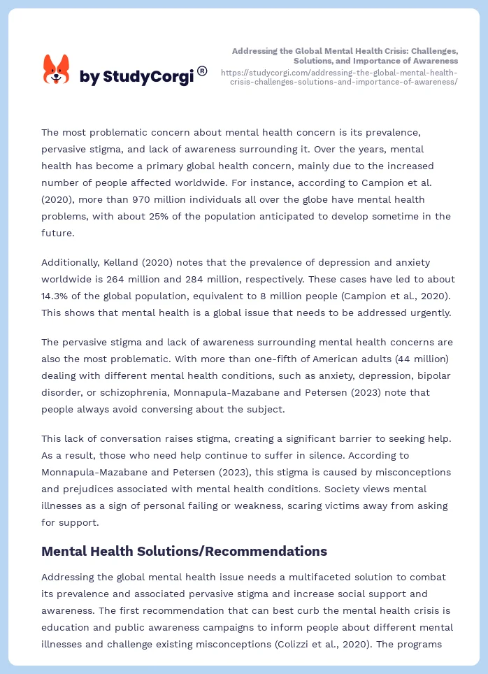 Addressing the Global Mental Health Crisis: Challenges, Solutions, and Importance of Awareness. Page 2