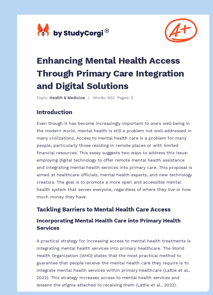 Enhancing Mental Health Access Through Primary Care Integration and Digital Solutions. Page 1