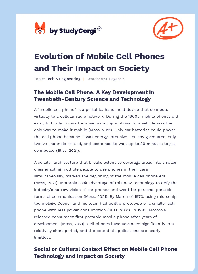 Evolution of Mobile Cell Phones and Their Impact on Society. Page 1