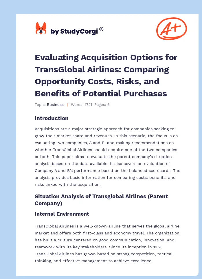 Evaluating Acquisition Options for TransGlobal Airlines: Comparing Opportunity Costs, Risks, and Benefits of Potential Purchases. Page 1