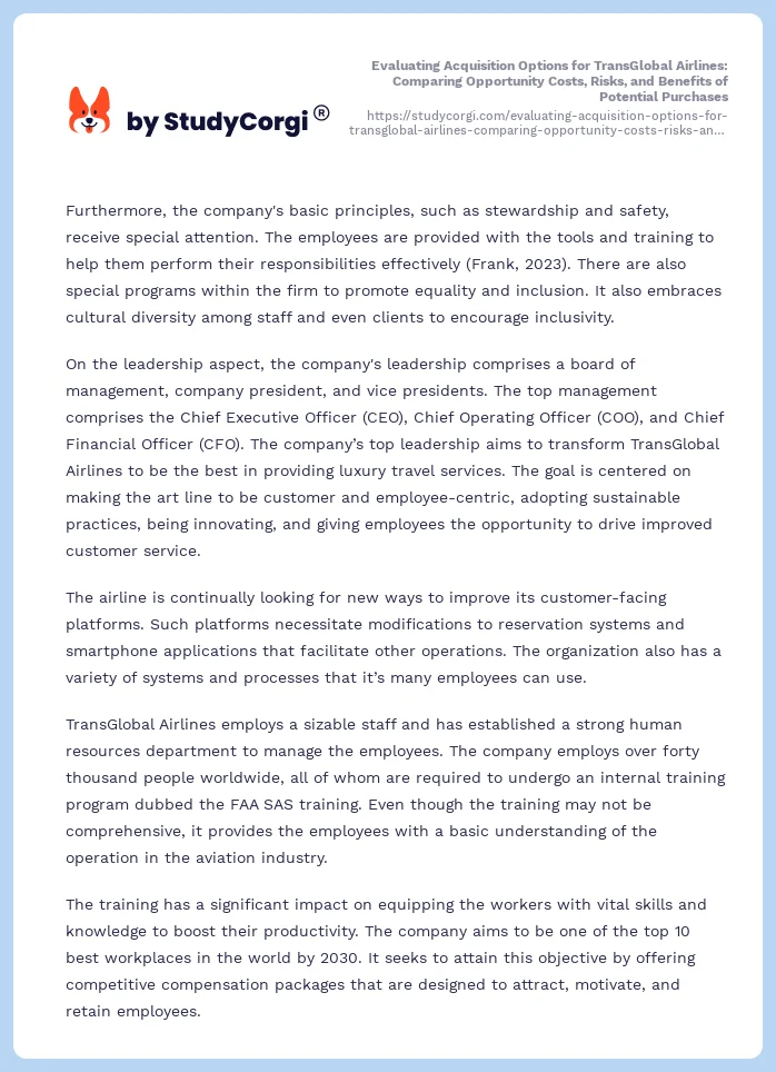 Evaluating Acquisition Options for TransGlobal Airlines: Comparing Opportunity Costs, Risks, and Benefits of Potential Purchases. Page 2