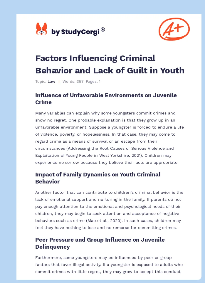 Factors Influencing Criminal Behavior and Lack of Guilt in Youth. Page 1