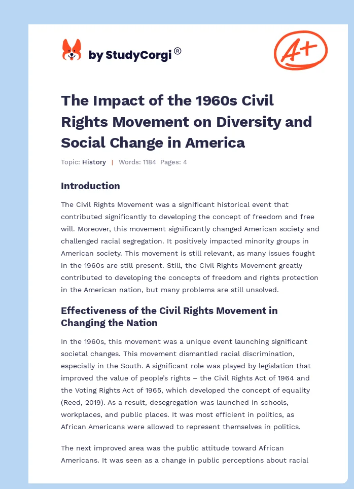 The Impact of the 1960s Civil Rights Movement on Diversity and Social Change in America. Page 1