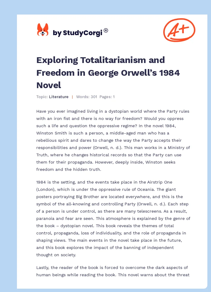 Exploring Totalitarianism and Freedom in George Orwell’s 1984 Novel. Page 1